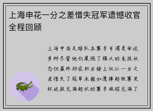 上海申花一分之差惜失冠军遗憾收官全程回顾