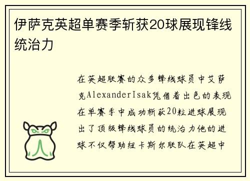 伊萨克英超单赛季斩获20球展现锋线统治力